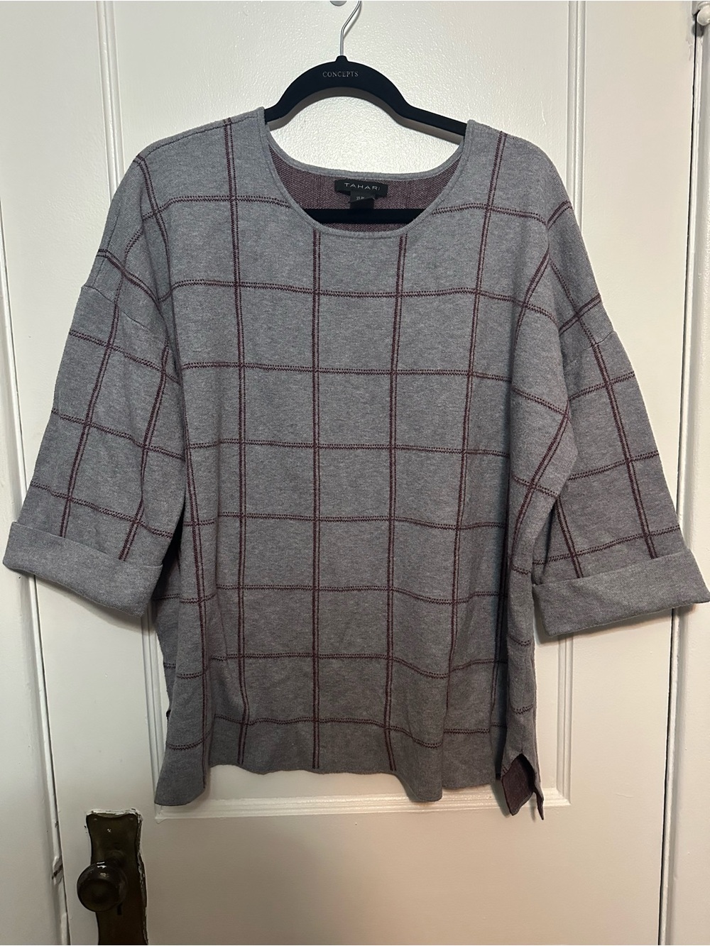 Tahari Gray and Burgundy Windowpane Crewneck Sweater